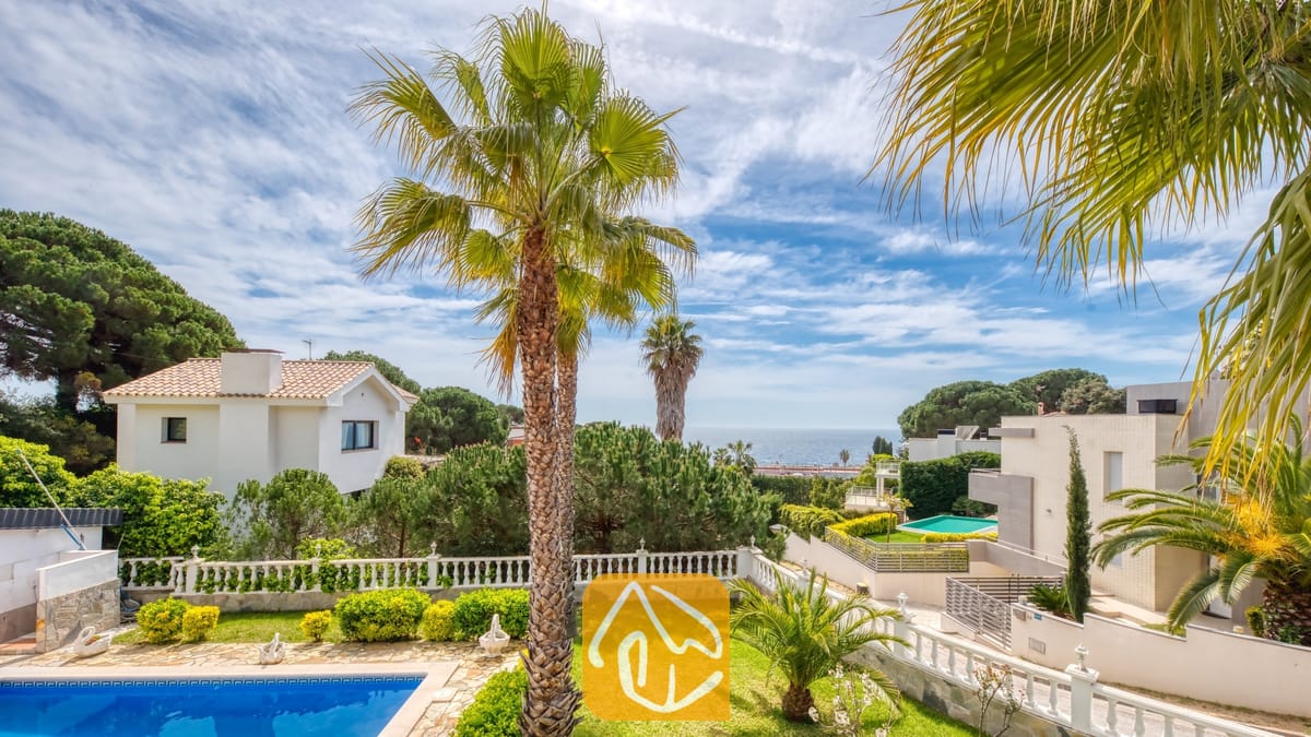 Vakantievilla's Costa Brava Spanje - Villa Estrella - Buitenaanzicht vanaf Villa Estrella met een zwembad op de voorgrond, palmbomen, witte balustrades en naburige villa's onder een blauwe lucht met her en der wat wolken.