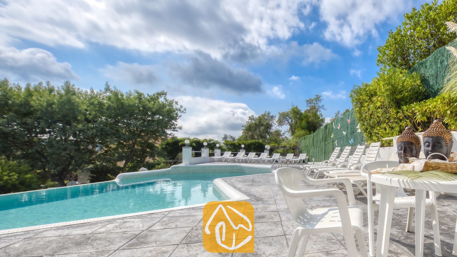 Vakantievilla's Costa Brava Spanje - Villa Geolouk - Privézwembad met betegeld terras en witte kunststof ligstoelen bij Villa Geolouk onder een licht bewolkte hemel.