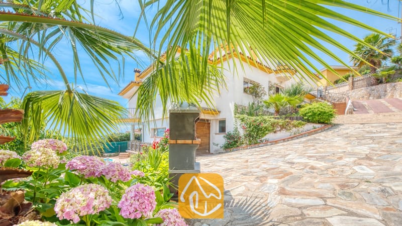 Vakantievilla's Costa Brava Spanje - Villa Valentina - Buitenaanzicht van Villa Valentina, omlijst door palmbladeren, met een bestrate oprijlaan, witte muren en roze hortensia's.