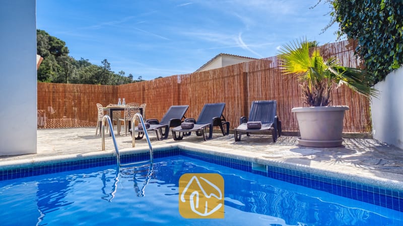 Vakantievilla's Costa Brava Spanje - Villa Rosa - Buitenzwembad met blauwe betegeling en metalen ladder bij Villa Rosa, voorzien van drie donkere ligbedden, een eettafel en een pot met palmboom tegen een rieten schutting.