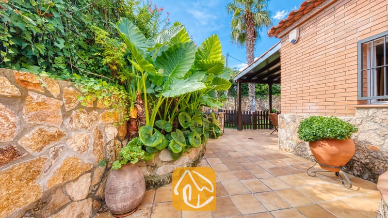 Vakantievilla's Costa Brava Spanje - Villa Alba - De buitendeurplaats van Villa Alba met een betegeld terras, grote tropische groenplanten en een rustieke stenen muur.
