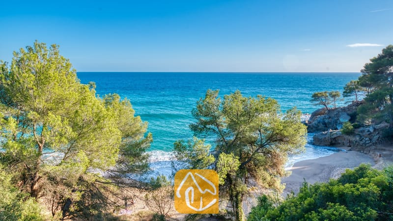 Villas de vacaciones Costa Brava España - Villa Santa Cristina - Una recóndita cala de arena que se vislumbra entre verdes pinos cerca de Villa Santa Cristina, con aguas de color azul intenso y acantilados rocosos bajo un cielo radiante.