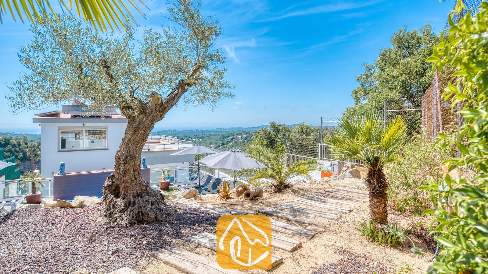 Vakantievilla's Costa Brava Spanje - Villa Sandy Beach - Olijfboom en een pad van houten planken bij Villa Sandy Beach, met uitzicht op een terras met grijze parasols en een verre blik op zee.