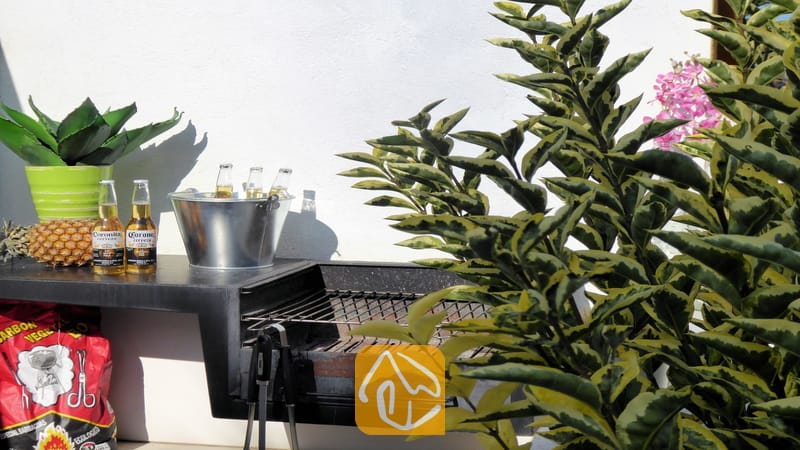Vakantievilla's Costa Brava Spanje - Villa Fransisca - Buiten barbecuegrill bij Villa Fransisca, met gekoelde flesjes bier in een metalen ijsemmer, verse ananassen en groene potplanten tegen een witte muur.