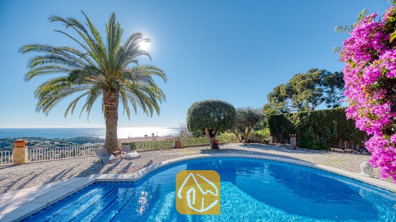 Vakantievilla's Costa Brava Spanje - Villa Gabriella - Privézwembad bij Villa Gabriella met een gebogen rand, een grote palmboom en grijze ligbedden op een grindterras dat uitkijkt over de zee onder een stralende zon.