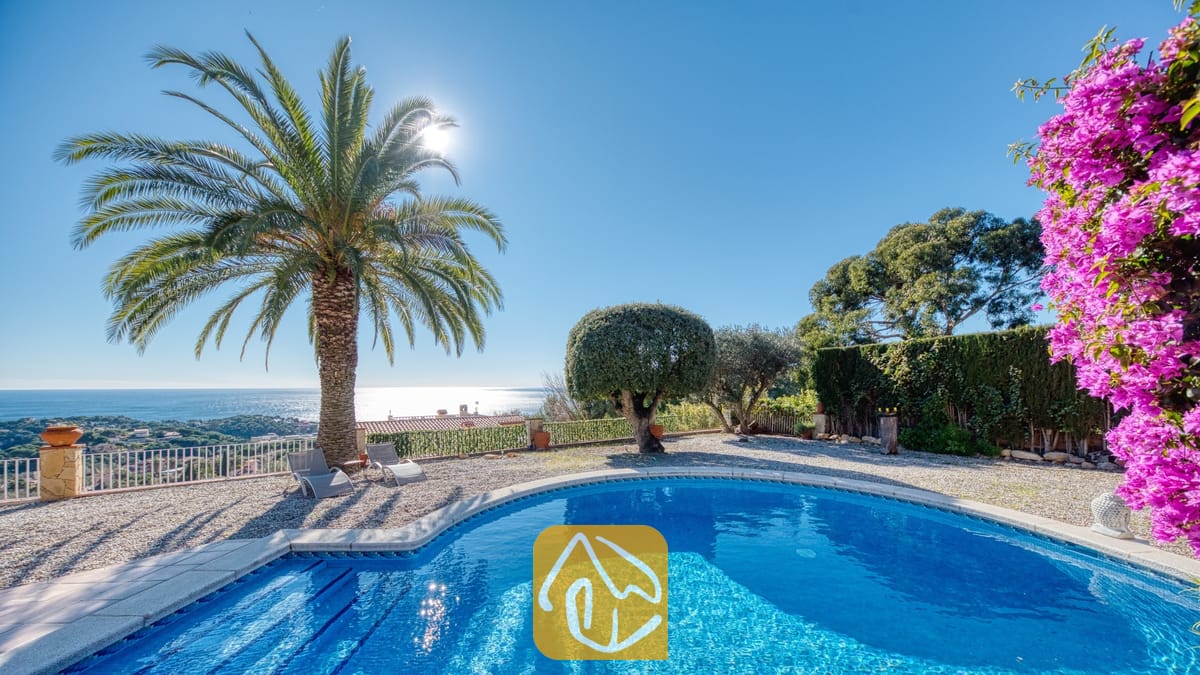 Vakantievilla's Costa Brava Spanje - Villa Gabriella - Privézwembad bij Villa Gabriella met een gebogen rand, een grote palmboom en grijze ligbedden op een grindterras dat uitkijkt over de zee onder een stralende zon.