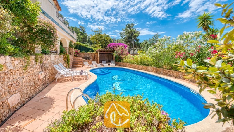 Vakantievilla's Costa Brava Spanje - Villa Cleo - Privézwembad met een mozaïekvloer van dolfijnen bij Villa Cleo, omringd door witte ligstoelen, stenen muren en bloeiende struiken.