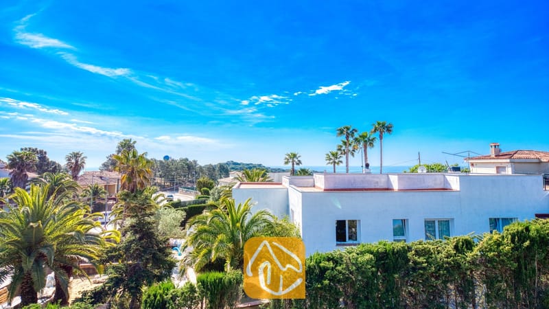 Holiday villas Costa Brava Spain - Villa Yara - Exterior view of Villa Yara featuring white walls, surrounding palm trees, and a bright blue sky.