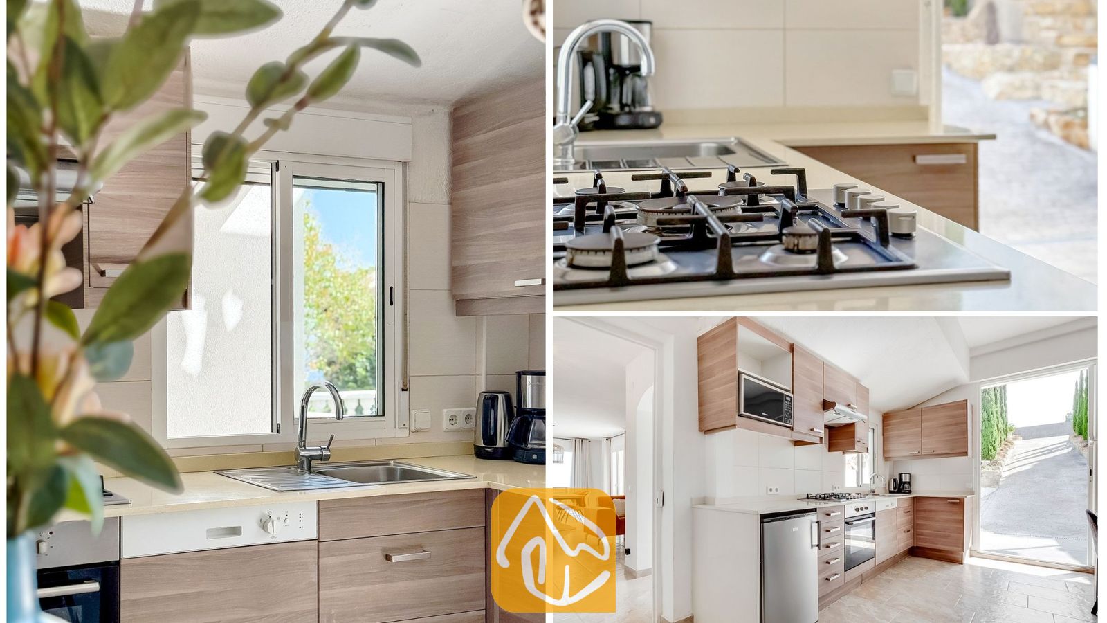 Vakantievilla's Costa Brava Spanje - Villa Tropicana - Keuken van Villa Tropicana met houten kasten, lichte aanrechtbladen, een gasfornuis en een roestvrijstalen spoelbak, verlicht door natuurlijk daglicht vanuit een raam