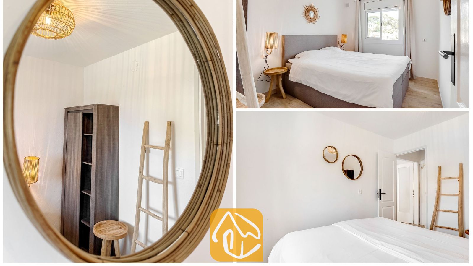 Vakantievilla's Costa Brava Spanje - Villa Tropicana - Interieur van de slaapkamer met een bed met wit beddengoed, een decoratieve houten ladder en ronde wandspiegels.