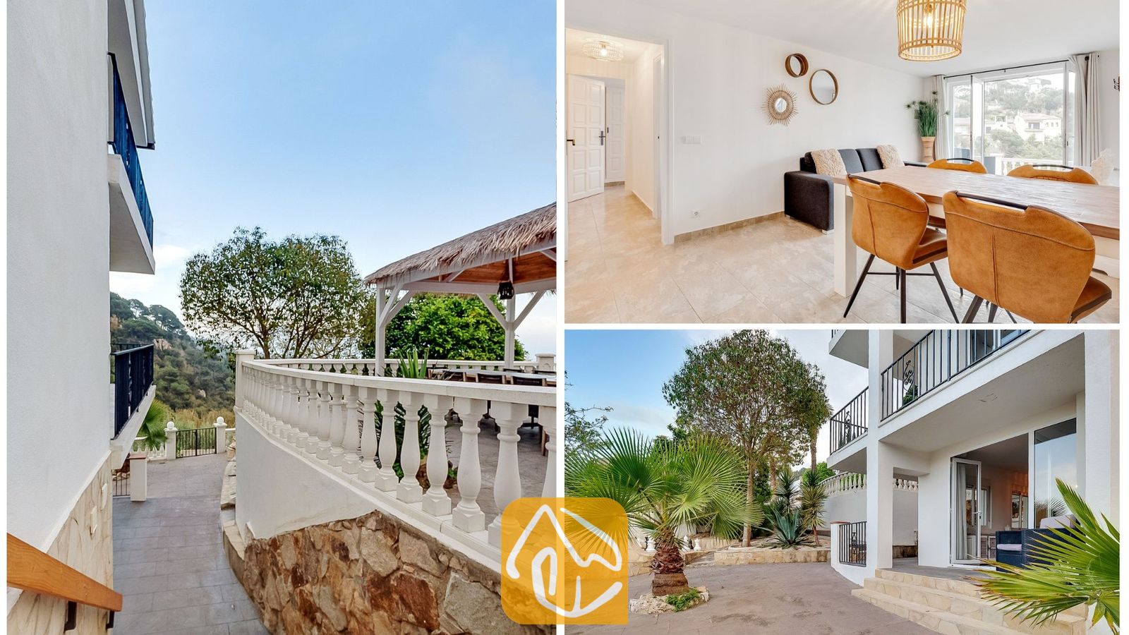 Vakantievilla's Costa Brava Spanje - Villa Tropicana - Collage van Villa Tropicana met een rieten prieel op een buitenterras, een eet- en woonkamer met houten meubels, en een aannemers- of bestrate tuin met palmbomen en een wit exterieur met meerdere niveaus.