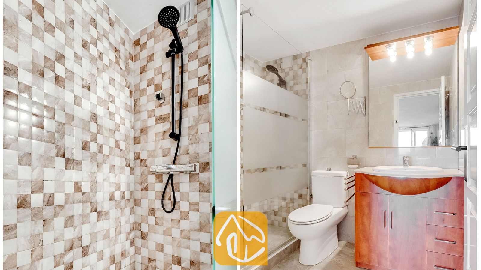 Vakantievilla's Costa Brava Spanje - Villa Tropicana - Moderne badkamer met een inloopdouche met zwarte kranen en beslag, neutrale mozaïektegels, een wit toilet en een houten badkamermeubel met een geïntegreerde wastafel en spiegel.